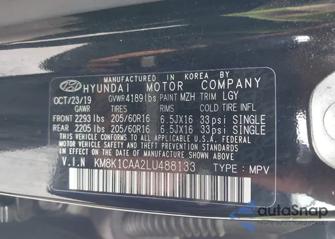 2020 Hyundai Kona Se z USA, uszkodzony, nr VIN KM8K1CAA2LU488133